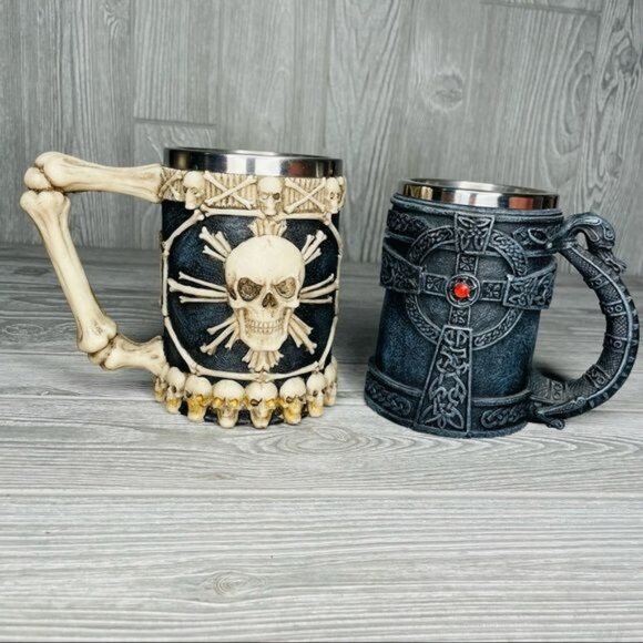 Skull & crossbones and medieval coffee cup beer stein mug halloween renaissances - Picture 1 of 6